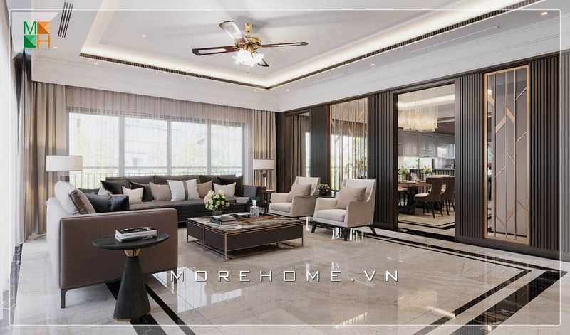 . Lát nền bằng đá nhân tạo đang được ưa chuộng trong thiết kế kiến trúc phòng khách bởi vẻ đẹp cao cấp, bóng bẩy của đá và tính chất chống bẩn, chống trày xước tuyệt vời của nó, góp phần tạo nên sự sang trọng cho không gian phòng khách.